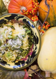Spaghetti squash with crisp brussels sprout leaves